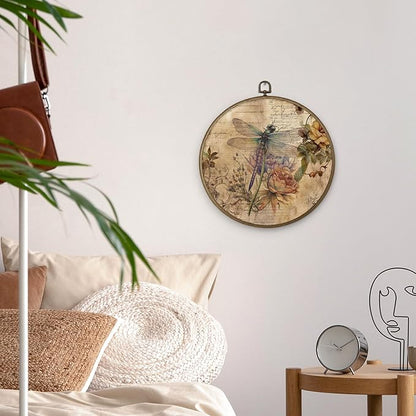 MAQIKA Vintage Dragonfly Flower Framed Wall Art Decor, Retro Botanical Round Wall Hanging Decor, Canvas Prints Wall Art for Farmhouse Bedroom Living Room, 10x10 Inch