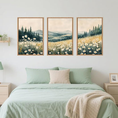 Large Misty Mountain Framed Canvas Wall Art,Nature Daisy Flower Wall Decor,Modern Foggy Forest Art Painting,Abstract Woodland Landscape Artwork for Living Room,Bedroom,Dining Room-24"x36"x3