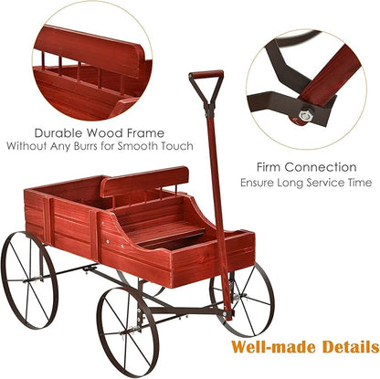 Goplus Wagon Planter, Decorative Wooden Garden Planter with Wheels, 2 Planting Sections and Adjustable Handle, Indoor Outdoor Backyard Balcony Decor (Red)