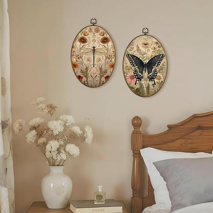 LKETW Vintage Floral Dragonfly Butterfly Oval Wall Art Decor, Farmhouse Nature Oval Canvas Hanging Decor, Rustic Wildflower Insect Wall Decorations for Home Living Room Bedroom, 8.6x11.4 Inch Set of 2