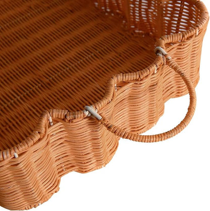 Scalloped Rattan Tray Basket,17"*12"*4" Super Hard Rectangle Hand Woven Wicker Serving Tray with Handles, Seagrass Decoratve Tray for Coffee Table (Rattan-Light Orange-17 * 12 * 4")