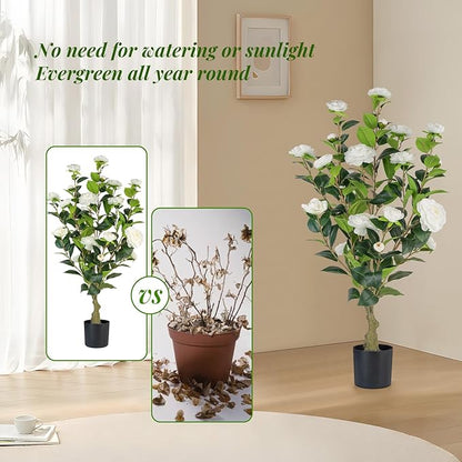 Artificial Camellia Tree 2 Pack, 3FT Faux Camellia Plant in Pot, 36 inch Fake Potted Camellia Flower Tree Plastic Camellia Tree for Modern Home Office Living Room Floor, Christmas, Decor Indoor, White