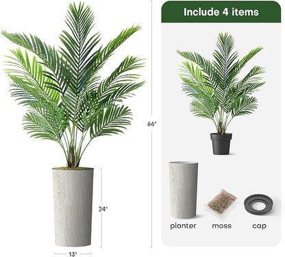Artificial Tree in Modern Swirl Pattern Planter, Fake Areca Tropical Palm Silk Tree for Indoor and Outdoor Home Decoration - 66" Overall Tall (Plant Pot Plus Tree)