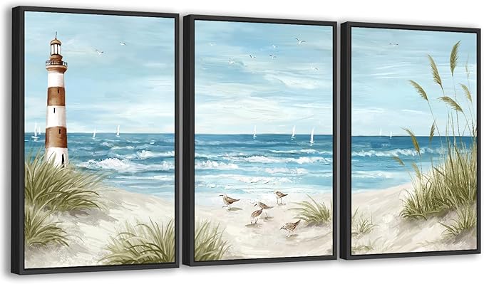 Large Framed Coastal Wall Art - Summer Beach Lanscape Wall Decor Painting 16"x24" Set of 3 Seabird Lighthouse Prints Ocean Waves Canvas Pictures for Living Room Bedroom Office Artwork