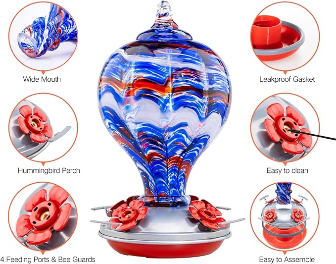 Muse Garden 32OZ Hummingbird Feeders Blown Glass Hummingbird Feeder, Garden Backyard Decor for Outside, Navy Blue