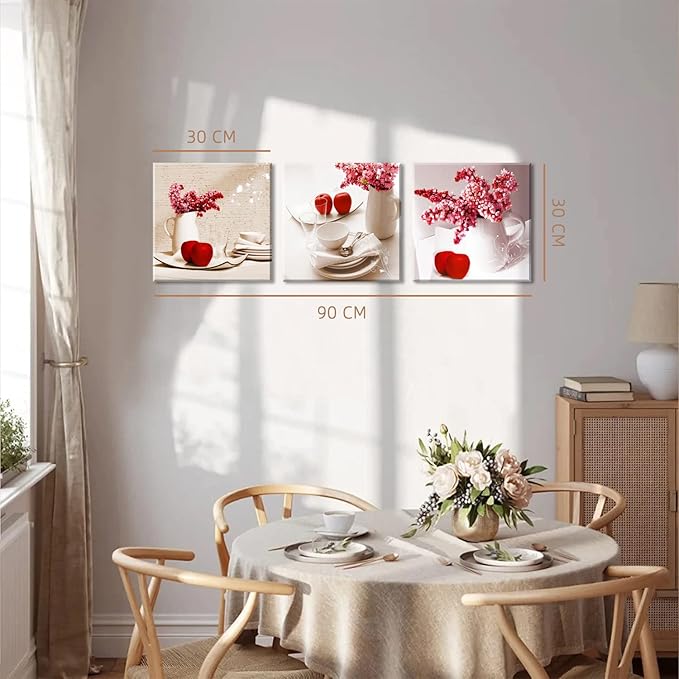 TEKMENT Red Apple Wall Art for Kitchen, SZ Flower Bowl and Dish Canvas Prints Decor for Dining Room (Waterproof Artwork, Bracket Mounted Ready to Hang)
