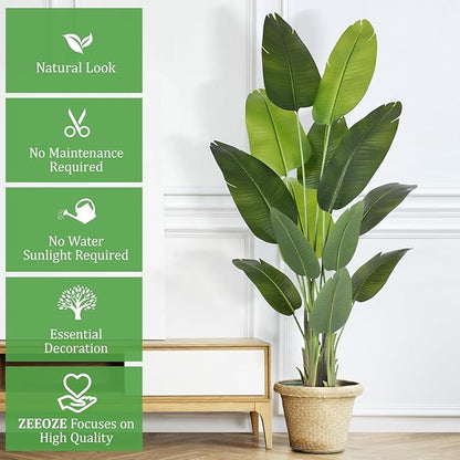 Artificial Bird of Paradise Plant 6Ft Tall Fake Tropical Palm Tree Large Fake Plants with 13 Silk Banana Leaves Faux Plant Indoor Decor Trees with White Pot for Home Bedroom Living Room Office（2pcs）