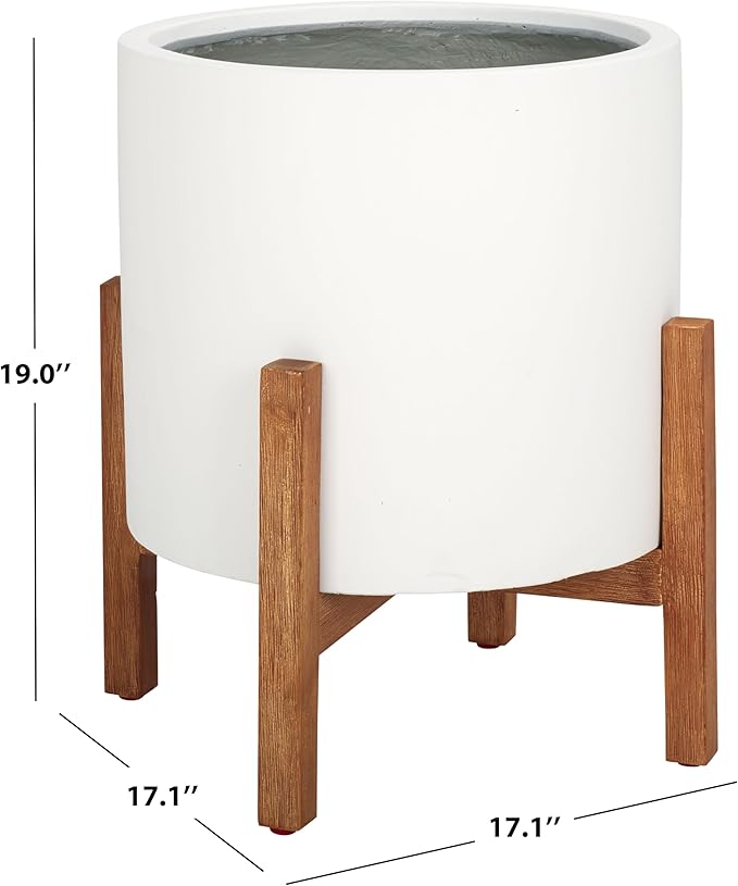 SAFAVIEH Outdoor Patio Furniture Jesper Modern White Concrete Ficonstone & Natural Brown Solid Wood Planter Pot