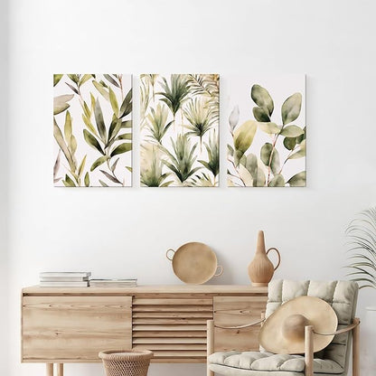 Framed Green Plant Wall Art Boho Picture Floral Canvas Painting Simple Flower Poster Print Bedroom Bathroom Living Room Wall Decor 16x24 inches x3 Ready to Hang