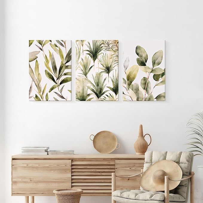 Framed Green Plant Wall Art Boho Picture Floral Canvas Painting Simple Flower Poster Print Bedroom Bathroom Living Room Wall Decor 12x16 inches x3 Ready to Hang