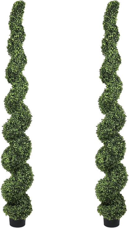 THE BLOOM TIMES 7ft Spiral Topiary Trees Artificial Outdoor Set of 2, 82 inch Faux Boxwood Plants Outside - All-Year Green Fake Twisted Tree for Garden Front Porch Planter Decor 7 Foot