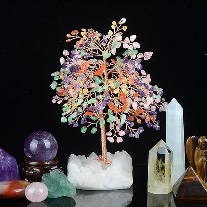 Chakra Crystal Tree of Life Natural Gemstone Healing Crysals(406 Stone Count) with Clear Quartz Base,Fengshui Decor Money Tree,Positive Energy Lucky Gift Height 8.5-9 Inches