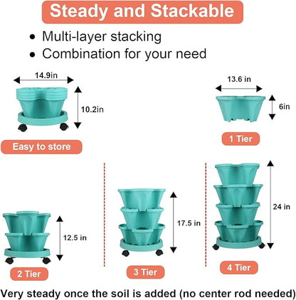GameXcel Vertical Planter 4 Tier Stackable Planters Garden Planters Strawberry Herb Flower and Vegetable Planter Indoor Outdoor Gardening Pots with Removable Wheels and Tools