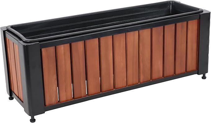 Sunnydaze Slatted Rectangular Wood Planter Box with Powder-Coated Steel Frame - 24" Acacia Wood Planter with Removable Liner - 3.7 Gal Capacity