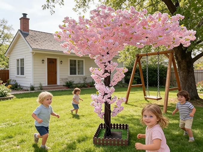Artificial Cherry Blossom Tree 5.9Ft, Pink Silk Flowers with Solid Wood Trunk for Home & Garden Decor