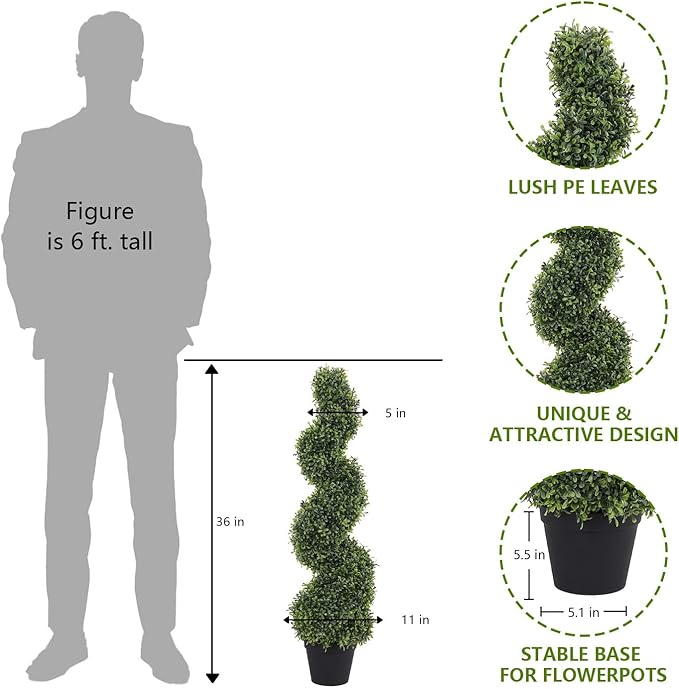 THE BLOOM TIMES 3ft Spiral Topiary Trees Artificial Outdoor Set of 2, 36" Faux Boxwood Plants Outside - All-Year Green Fake Twisted Tree for Garden Front Porch Planter Decor 3 Foot
