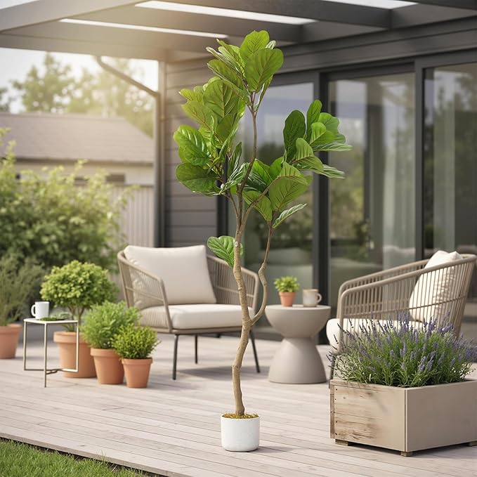 5FT Lifelike Fiddle Leaf Fig Tree with Realistic Trunk, Faux Indoor Plant in Pot for Home and Office Decoration