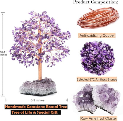 Gemstone Crystal Tree of Life - Natural Amethyst Geode Cluster Base, Chakra Healing Crystals, Positive Energy Bonsai Money Feng Shui Home Decor for Good Luck Gift, 10"-12"