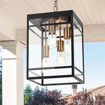 Large Outdoor Pendant Light Fixture for Porch, Black Brass Outdoor Hanging Lantern Pendant Light with Clear Glass, 4 Lights Exterior Porch Chandelier for Outside Patio,Front Door,Enterway