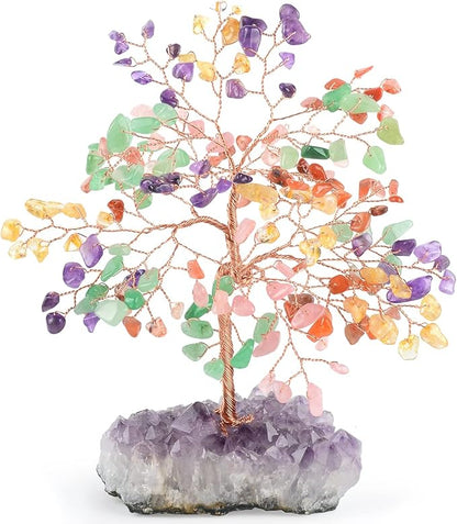 Gemstone Crystal Treeof Life,Chakra Tree Multi Stone Amethyst Cluster Base,Feng Shui Home Decor Bonsai Money Tree,Positive Energy Healing Crystals,Spriture Gift,Size 5.5"-6.3"