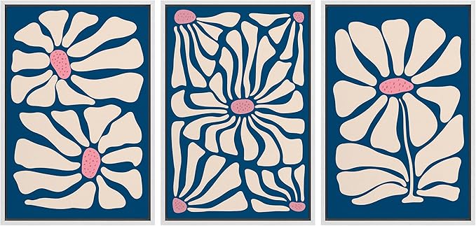 Ashbrook Framed Canvas Print Wall Art Set Mid-Century Modern Navy Blue Flowers Nature Wilderness Illustrations Modern Art Floral Botanical Minimal Calm/Relax/Cozy for Bedroom - 24"x36"x3 White