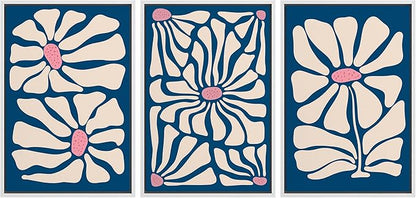 Ashbrook Framed Canvas Print Wall Art Set Mid-Century Modern Navy Blue Flowers Nature Wilderness Illustrations Modern Art Floral Botanical Minimal Calm/Relax/Cozy for Bedroom - 24"x36"x3 White