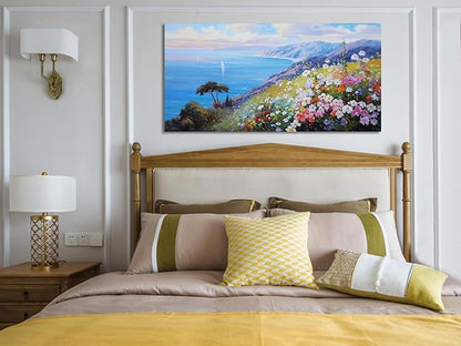 Enartly Blue Coastal Wall Art Canvas Ocean Seascape Painting Scenery Flower Colorful Landscape Textured Artwork Framed for Living Room Bedroom Bathroom Home Office Wall Decor, Large Size 40"x20"