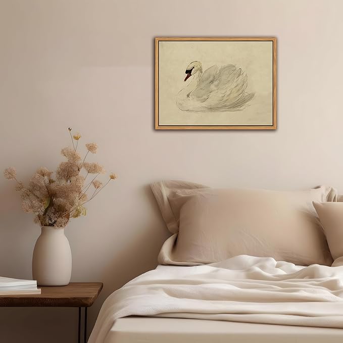 Floating Framed Vintage Wall Art Decor, Classical Swan Canvas Wall Prints, Rustic Sketch Watercolor Swan Poster Picture for Living Room Kitchen Bedroom Bathroom Farmhouse Decor 12x16 inch