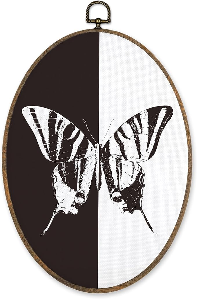 LKETW Butterfly Oval Wall Art Decor, Modern Black and White Butterfly Oval Canvas Hanging Decor, Moth Wall Decorations for Home Bedroom Living Room, 8.6x11.4 Inch