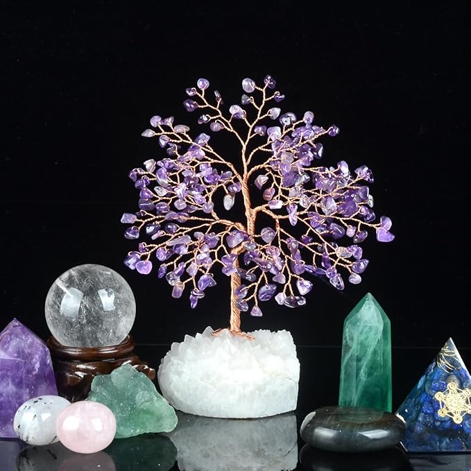 Natural Amethyst Crystal Tree of Life,Clear Quartz Cluster Base,Healing Crystals Positive Energy Gem Money Tree Bonsai,Feng Shui Decor,Spriture Gift Size 5.5"-6.3"