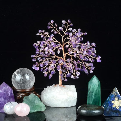 Natural Amethyst Crystal Tree of Life,Clear Quartz Cluster Base,Healing Crystals Positive Energy Gem Money Tree Bonsai,Feng Shui Decor,Spriture Gift Size 5.5"-6.3"