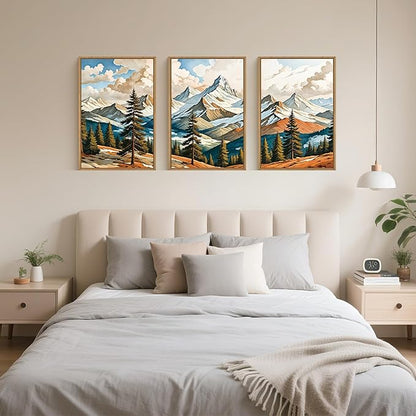Large Woodcut Style Mountains Framed Canvas Wall Art,Vintage Pine Trees Wall Decor,Boho Natural Snow Ridge Artwork,Modern Woodland Landscape Art Print for Living Room,Bedroom,Office- 16"x24"x3
