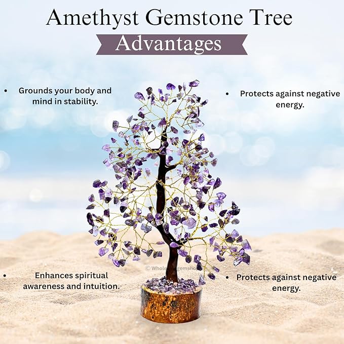 Amethyst Crystal Tree with Golden Wire – Handcrafted Gemstone Bonsai for Positive Energy, Healing & Elegant Home Decor