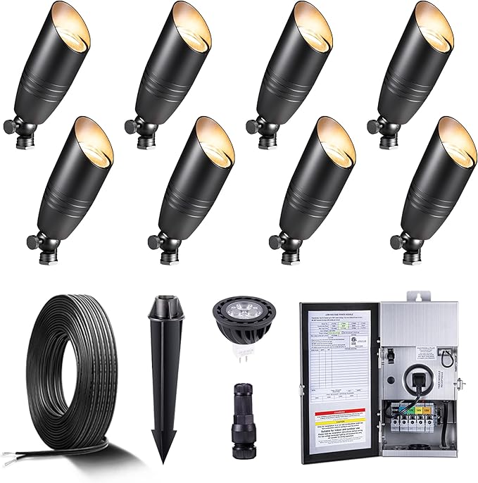 Gardenreet Black Brass Low Voltage Landscape Spotlights(8-Pack) Kit 12V LED with 150W Low Voltage Transformer & Mechanical Timer & 100FT Wire & 40Pack Connectors for Outdoor House Garden Patio