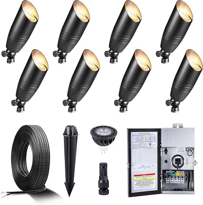 Gardenreet Black Brass Low Voltage Landscape Spotlights(8-Pack) Kit 12V LED with 150W Low Voltage Transformer & Mechanical Timer & 100FT Wire & 40Pack Connectors for Outdoor House Garden Patio