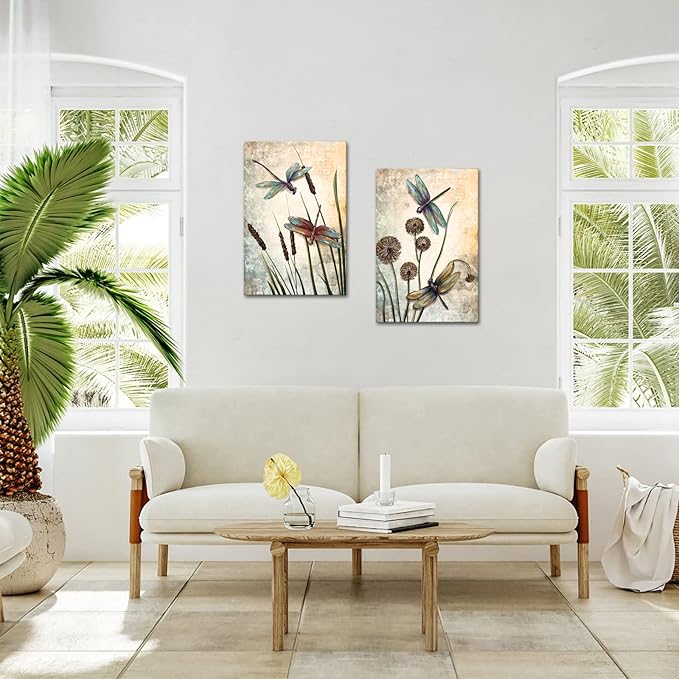 LoveHouse Dragonfly Wall Art Vintage Insect Painting Pictures Prints Beige Dandelion on Canvas Artwork