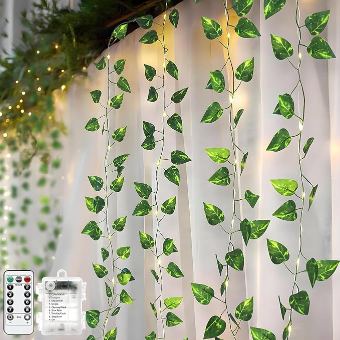 Metaku 33FT 100 LED Vine with Fairy Lights, Battery Operated Pothos String Lights with Remote, Warm White Leaf Lights for Bedroom, Room, Wall, Wedding, Garden, PartyDecor