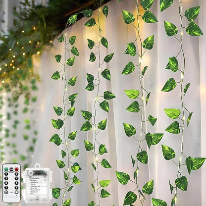 Metaku 33FT 100 LED Vine with Fairy Lights, Battery Operated Pothos String Lights with Remote, Warm White Leaf Lights for Bedroom, Room, Wall, Wedding, Garden, PartyDecor