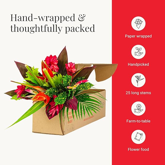 BloomsyBox: Tropical Bouquet Treasure with Bright Heliconias, Red Ginger and Tropical Greener | Fresh Cut Flowers, Hand-Tied, Farm Fresh Flowers Bouquet | Perfect for any special occasion | No Vase