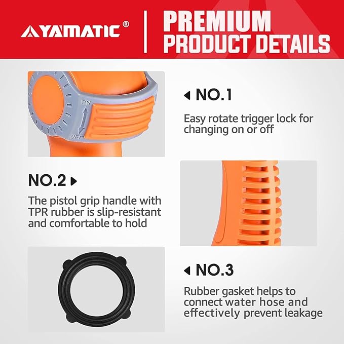 YAMATIC Garden Hose Nozzle with High Pressure Jet, Water Spray Nozzle with Thumb Control On Off Valve for Watering Garden, Washing Cars, and Showering Pets - ABS Comfortable Anti-slip Grip, 2PCS