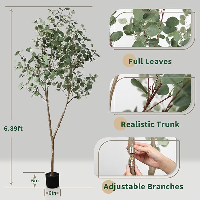6.89ft Artificial Tree, Faux Eucalyptus Tree with Lifelike Leaves, Fake Eucalyptus Tree with Sturdy Plastic Pot, Artificial Plants for Office Home Living Room Indoor Outdoor Decor