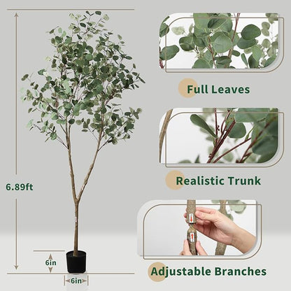 6.89ft Artificial Tree, Faux Eucalyptus Tree with Lifelike Leaves, Fake Eucalyptus Tree with Sturdy Plastic Pot, Artificial Plants for Office Home Living Room Indoor Outdoor Decor