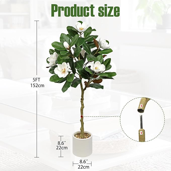 Briful 5FT Artificial Magnolia Flower Tree Faux White Magnolia Floral Tree with Cream Resin Pot Silk Flower Tree for Home & Office Living Room Décor