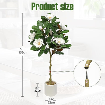 Briful 5FT Artificial Magnolia Flower Tree Faux White Magnolia Floral Tree with Cream Resin Pot Silk Flower Tree for Home & Office Living Room Décor