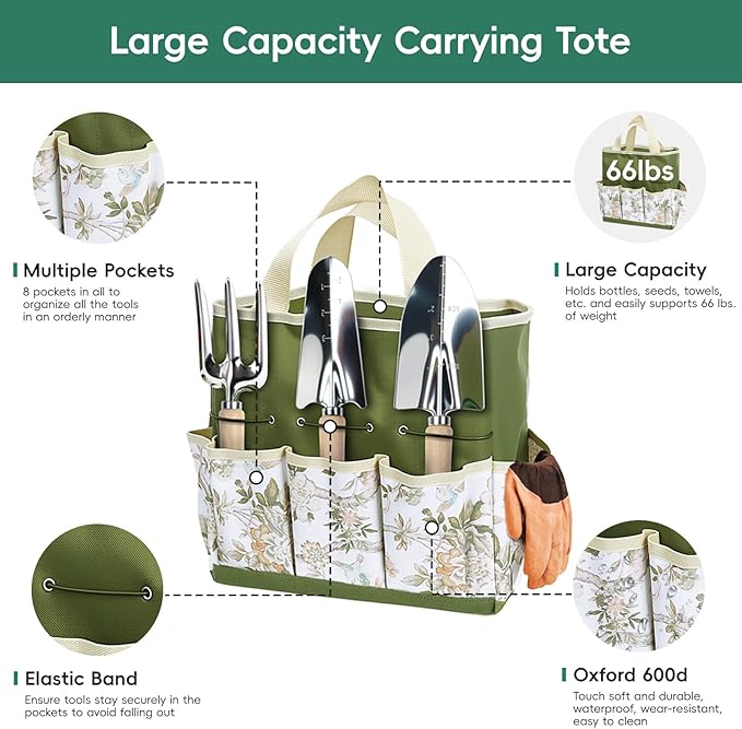 Gardening Tool Set, Heavy Duty Garden Tool Set with Fashion Garden Bag, Durable Stainless Steel Gardening Hand Tools, Gardening Gifts for Women, Mom
