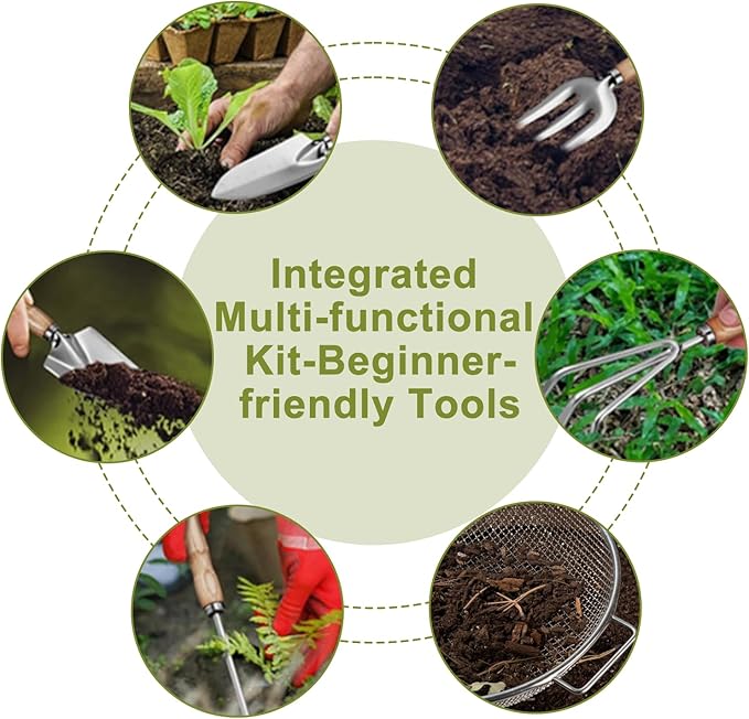 Garden Tool Set Heavy Duty,Sand Soil Compost Sifter 1/4 Inch Mesh,Stainless Steel Tools with Organizer Bag,Gardening Kit for Weeding, Planting, Digging,Gardening Gifts for Women Novice Gardener