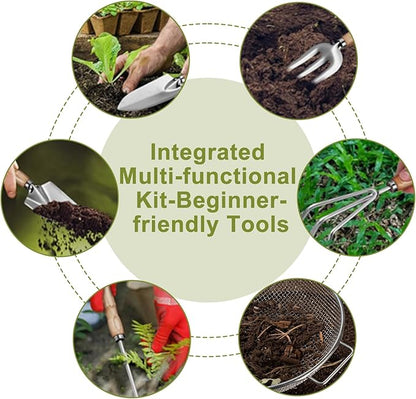 Garden Tool Set Heavy Duty,Sand Soil Compost Sifter 1/4 Inch Mesh,Stainless Steel Tools with Organizer Bag,Gardening Kit for Weeding, Planting, Digging,Gardening Gifts for Women Novice Gardener