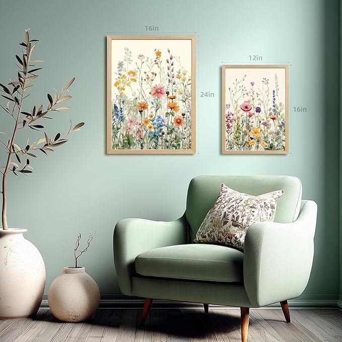 LLEEMPI Watercolor Floral Wall Art Set of 3, Colorful Wildflower Wall Decor, Modern Abstract Botanical Canvas Painting, Rustic Farmhouse Poster Print for Bedroom Bathroom Office Wood Framed 12x16 Inch