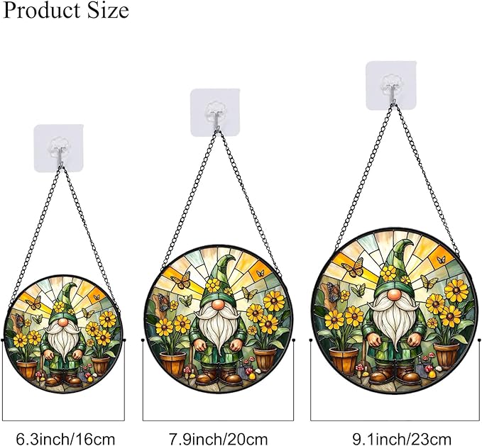 Stained Glass Window Hanging, Gnome in Garden Sun Catcher for Indoor Window Decoration with Flower & Butterfly, Stained Glass Home Decor Gift for Women and Men G02 (6.3'')