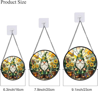 Stained Glass Window Hanging, Gnome in Garden Sun Catcher for Indoor Window Decoration with Flower & Butterfly, Stained Glass Home Decor Gift for Women and Men G02 (6.3'')